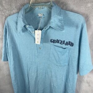 Vintage 1970s Artex Graceland Elvis Presley Souvenir Polo Shirt Light Blue Large